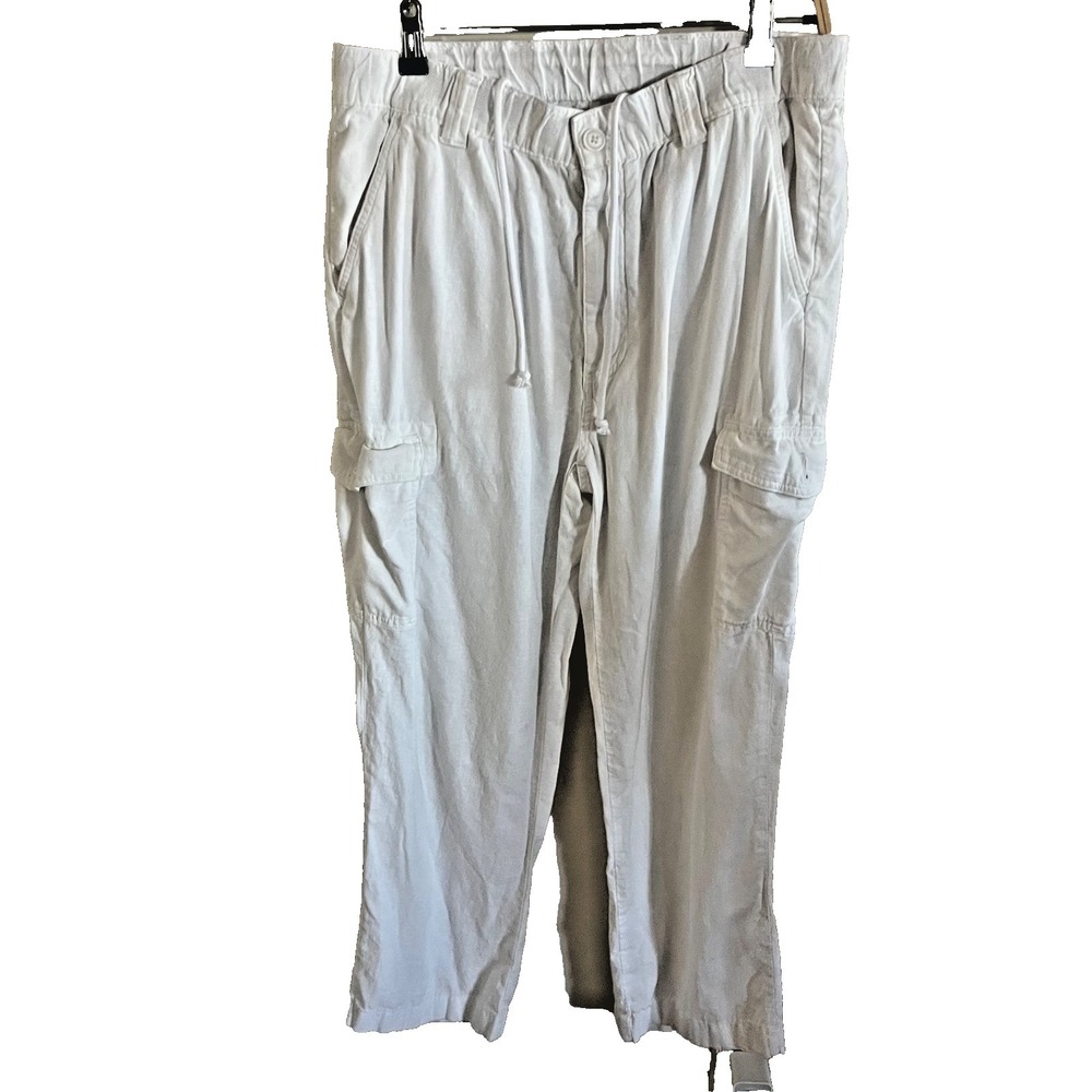 Roundtree & Yorke Pants Men 36x29 White Linen Blend Casuals Cargo Straight Resor